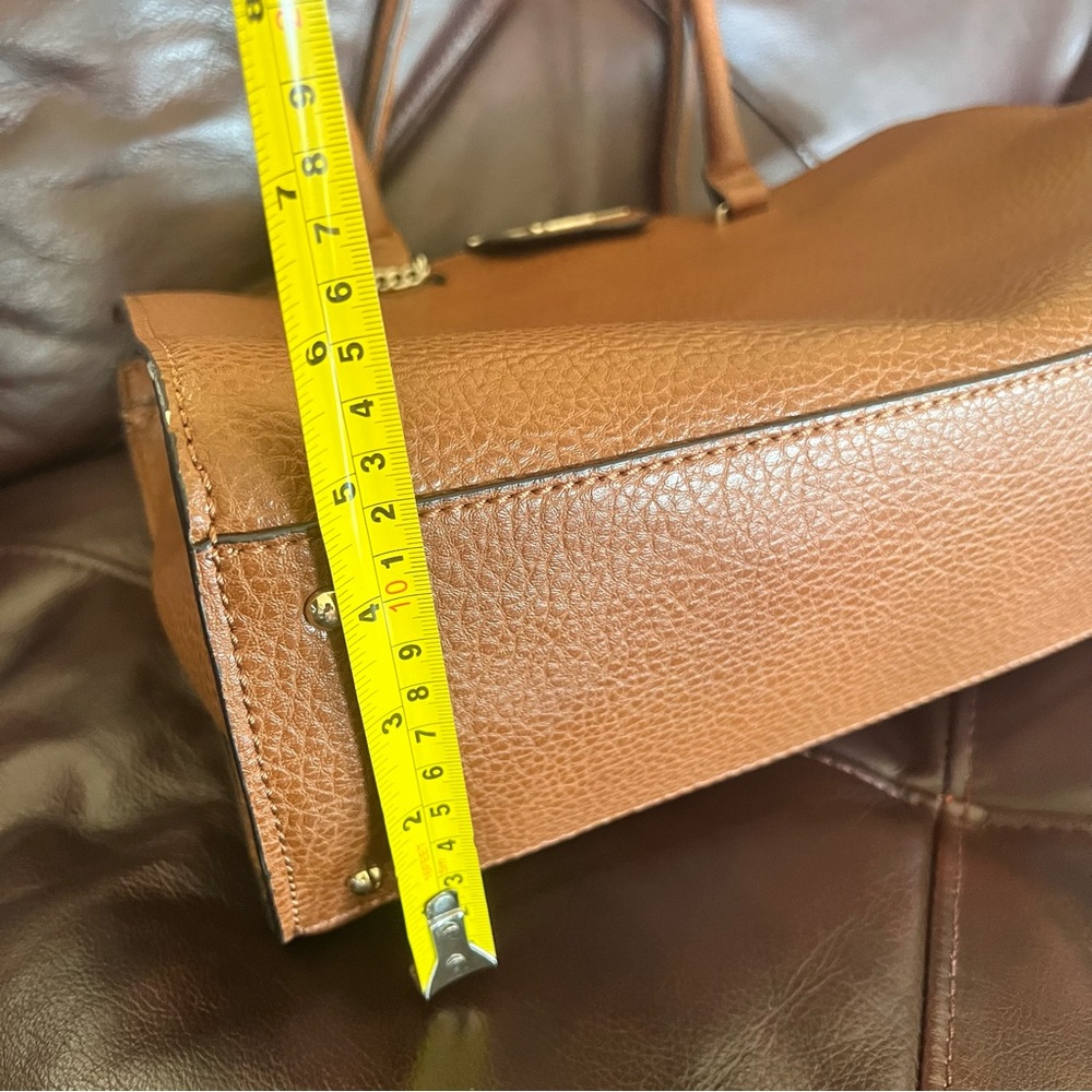 Guess Faux Leather Tan Rich Cognac Brown Structured Satchel Tote Bag - Picture 11 of 16